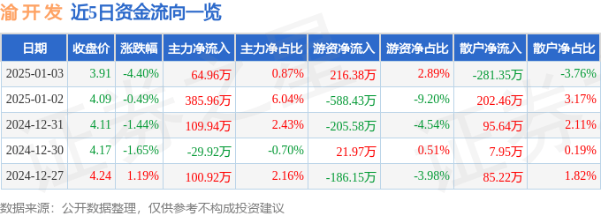 股票行情快报：渝开发（000514）1月3日主力资金净买入64.96万元