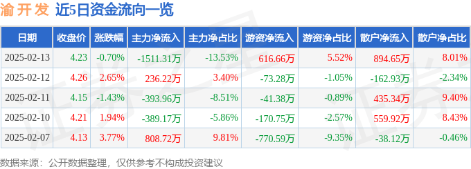 股票行情快报：渝开发（000514）2月13日主力资金净卖出1511.31万元