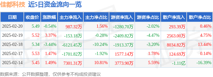 股票行情快报：佳都科技（600728）2月20日主力资金净买入987.32万元