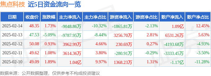 股票行情快报：焦点科技（002315）2月14日主力资金净卖出9048.86万元