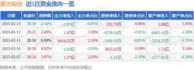 股票行情快报：紫光股份（000938）2月13日主力资金净卖出2.91亿元