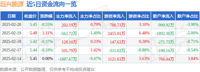 股票行情快报：远兴能源（000683）2月20日主力资金净买入202.19万元