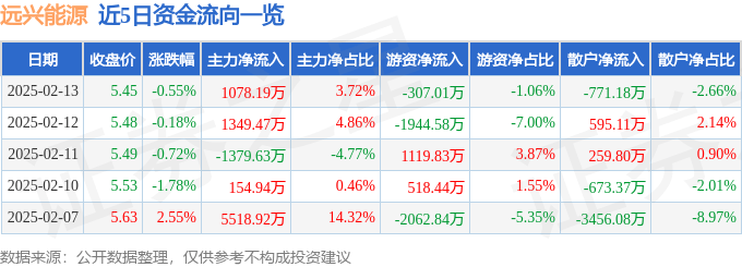 股票行情快报：远兴能源（000683）2月13日主力资金净买入1078.19万元