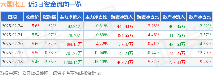 股票行情快报：六国化工（600470）2月24日主力资金净卖出42.94万元