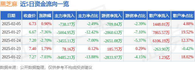 股票行情快报：黑芝麻（000716）2月5日主力资金净卖出738.17万元