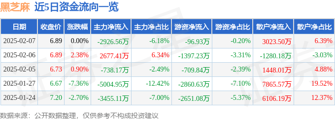 股票行情快报：黑芝麻（000716）2月7日主力资金净卖出2926.56万元