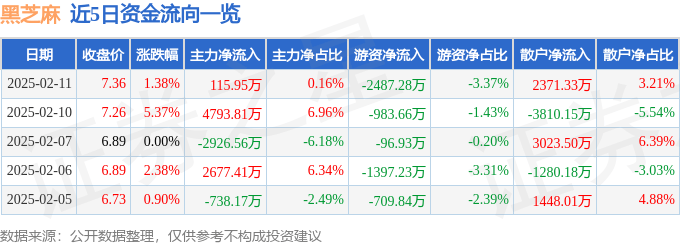 股票行情快报：黑芝麻（000716）2月11日主力资金净买入115.95万元