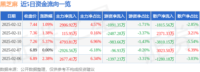 股票行情快报：黑芝麻（000716）2月12日主力资金净买入2906.92万元