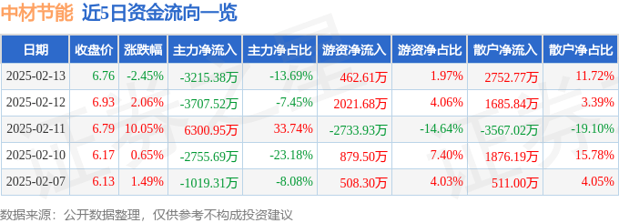 股票行情快报：中材节能（603126）2月13日主力资金净卖出3215.38万元