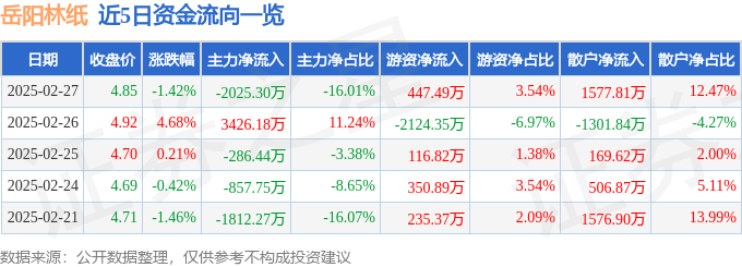股票行情快报：岳阳林纸（600963）2月27日主力资金净卖出2025.30万元