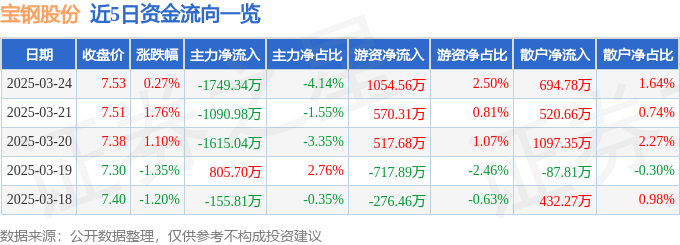 股票行情快报：宝钢股份（600019）3月24日主力资金净卖出1749.34万元