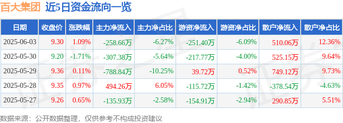 股票行情快报：百大集团（600865）6月3日主力资金净卖出258.66万元