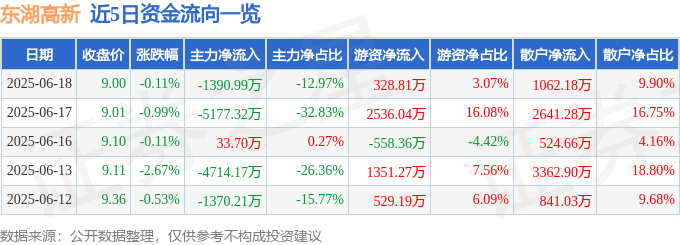 股票行情快报：东湖高新（600133）6月18日主力资金净卖出1390.99万元