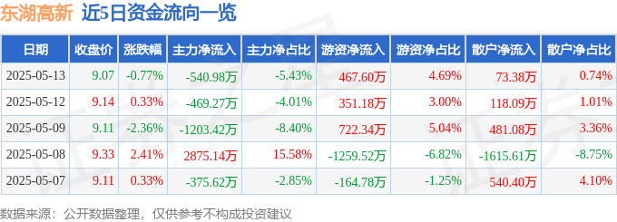 股票行情快报：东湖高新（600133）5月13日主力资金净卖出540.98万元