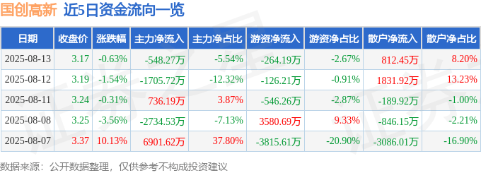 股票行情快报:国创高新(002377)8月13日主力资金净卖出548.27万元