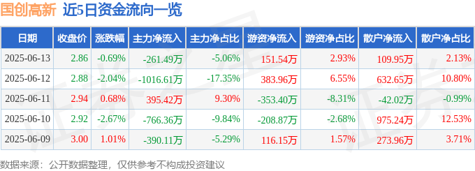 股票行情快报：国创高新（002377）6月13日主力资金净卖出261.49万元