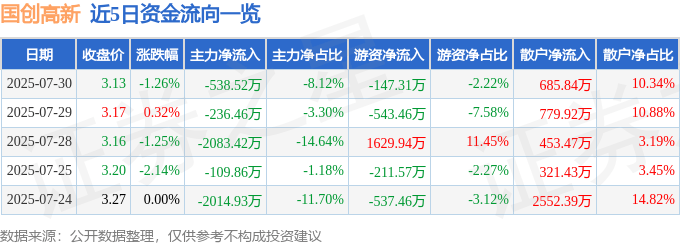 股票行情快报：国创高新（002377）7月30日主力资金净卖出538.52万元