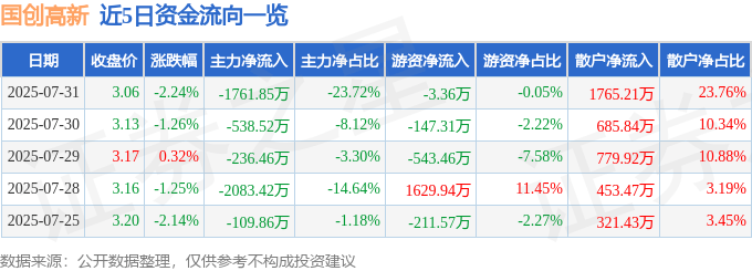 股票行情快报：国创高新（002377）7月31日主力资金净卖出1761.85万元