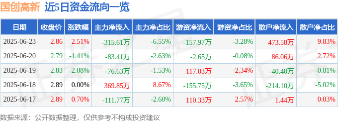 股票行情快报：国创高新（002377）6月23日主力资金净卖出315.61万元