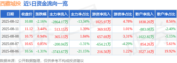 西藏城投(600773)8月12日主力资金净卖出2864.17万元