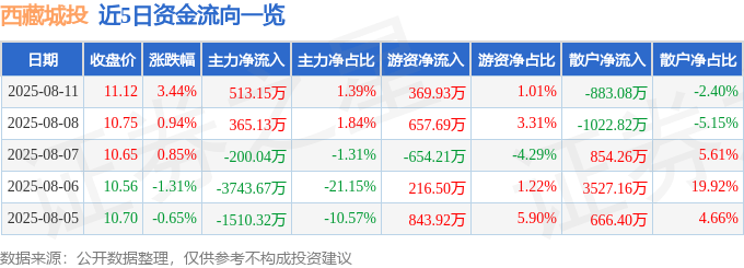 西藏城投(600773)8月11日主力资金净买入513.15万元